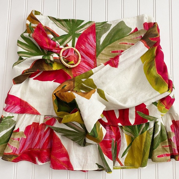 Farm Rio Ruffle Mini Skirt Women M Multicolor Linen Tie Buckle Spring Forest NWT - Picture 4 of 9